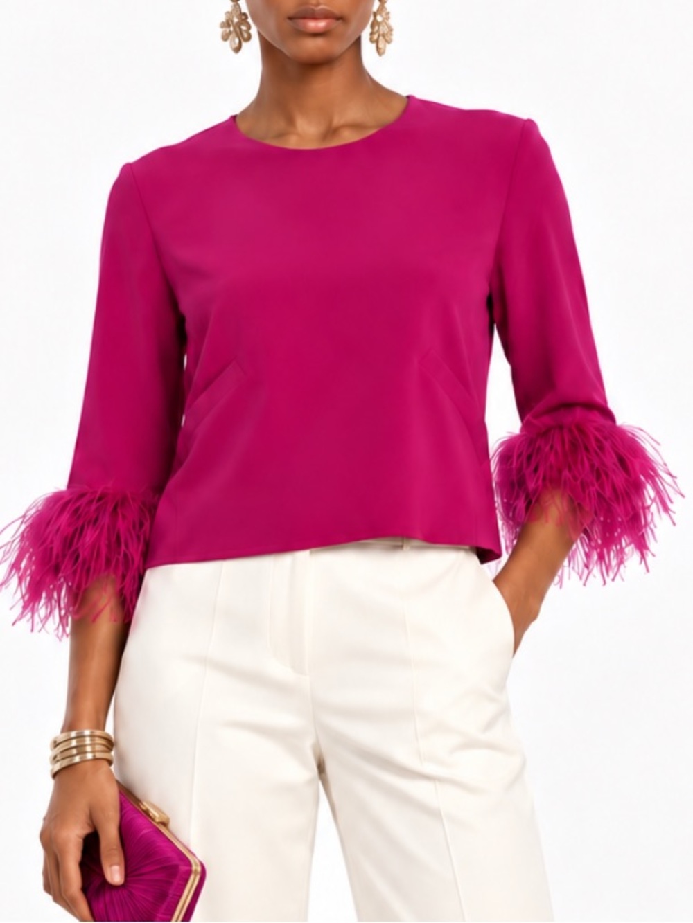 JUCCA Ostrich Feather Cuff Blouse Amethyst Fuchsia NWT Made in Italy IT 40 US 4